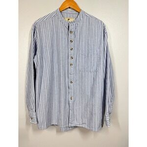Lee Valley Shirt Mens Large Blue Grandfather Shirt Striped Band Collar Cotton